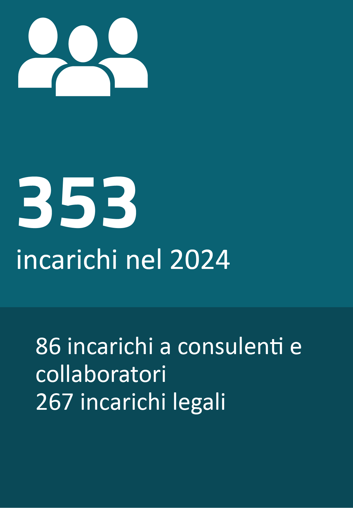 353 incarichi nel 2024 86 incarichi a consulenti e collaboratori 267 incarichi legali
